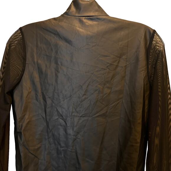 Black Faux Leather Bodysuit Chiffon Sleeve Zip Front Small - Picture 4 of 7